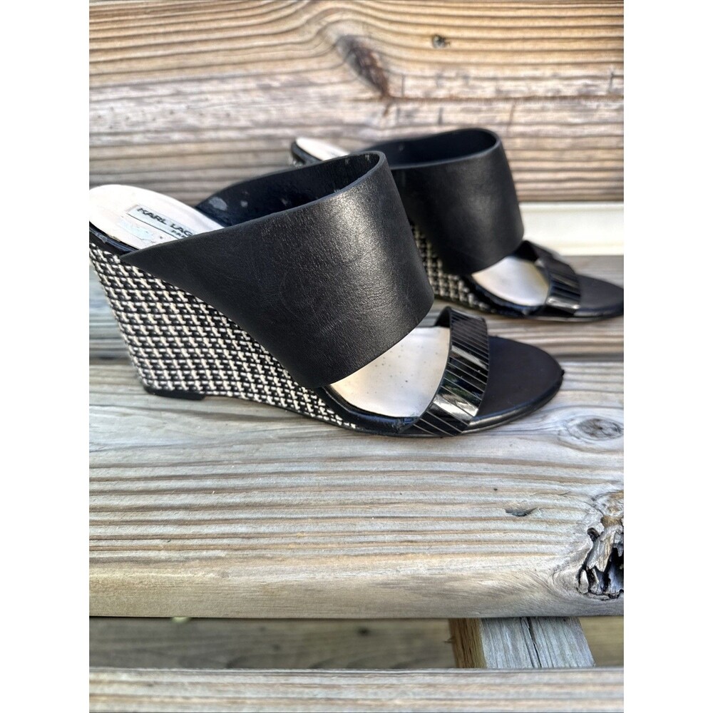 KARL LAGERFIELD PARIS "PASSY" Leather Wedges Heel Sandals BLACK Sz 7 Plaid Wool